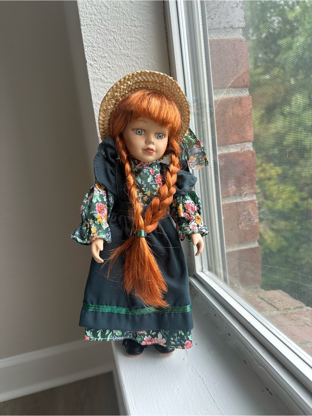AnneGreenGables Porcelain Braided Doll in Floral Dress with Straw Hat-Kids Toys